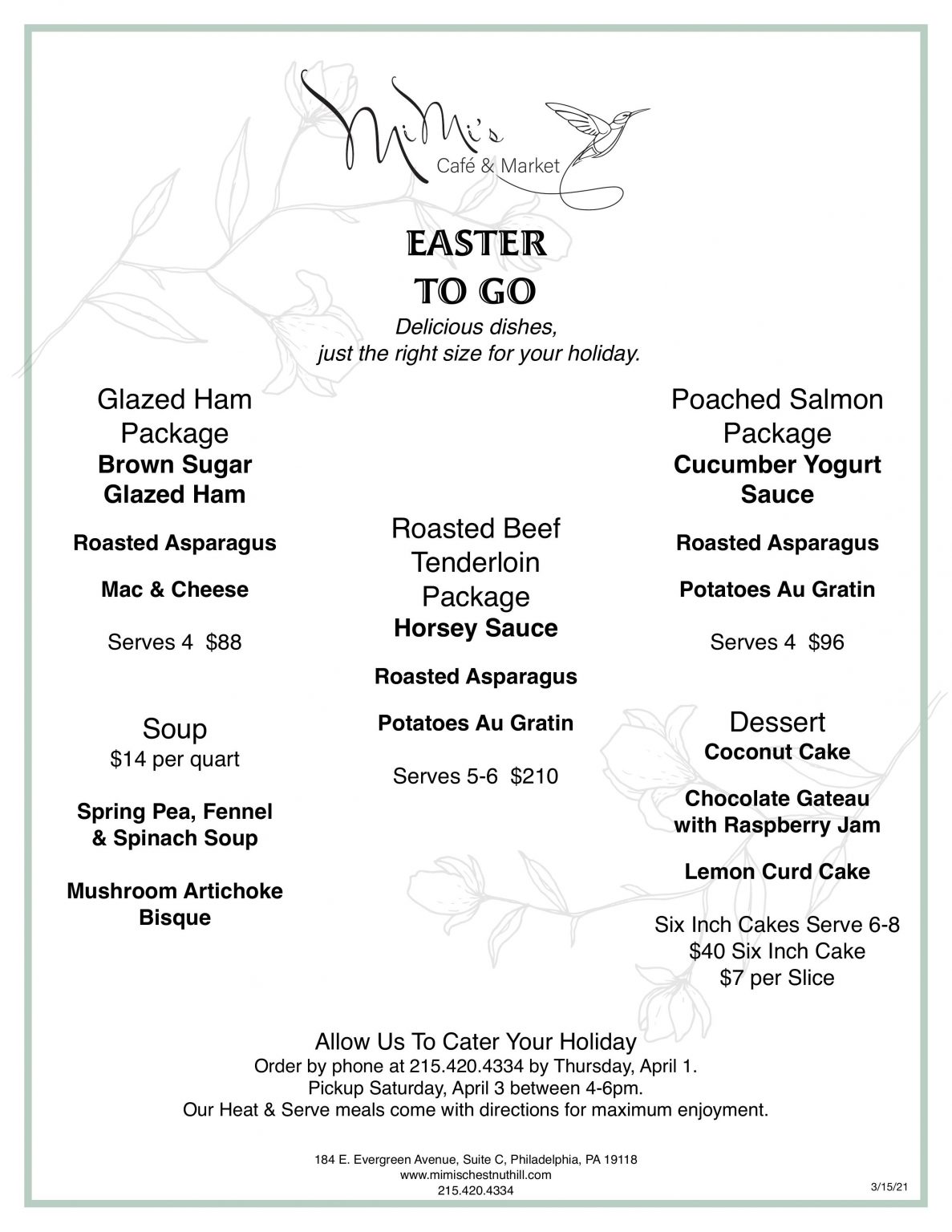 Easter To Menu From Mimi's Cafe & Market - Chestnut Hill